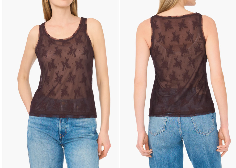 Parker Women's XL Brown Mesh Floral Lace Tank Top Sleeveless Scoop Neck Blouse